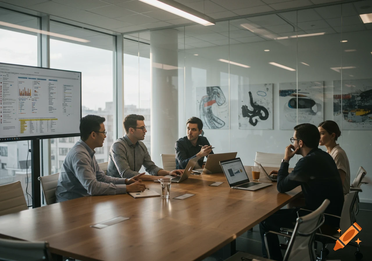 A group of professionals in a modern office meeting room, looking at a large screen with charts and using laptops.