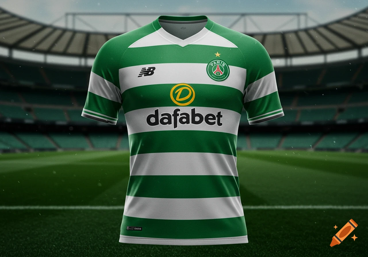 A green and white striped soccer jersey featuring multiple logos, displayed against a blurred stadium background.