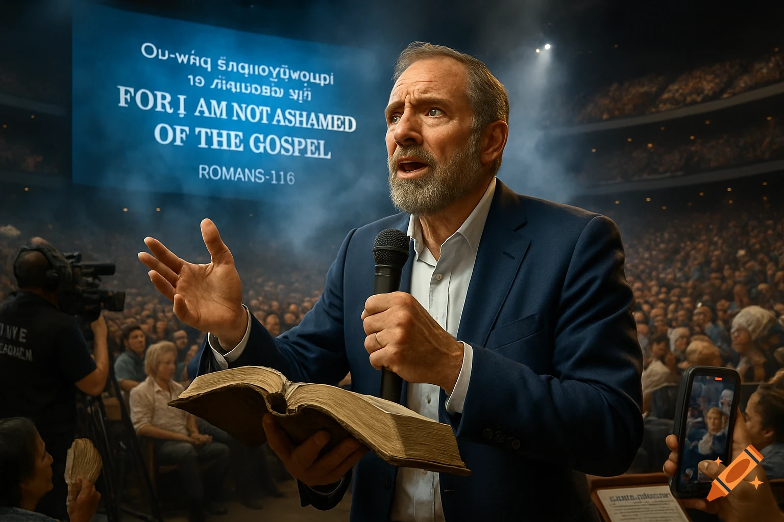 A bearded man in a suit preaches passionately into a microphone, holding a Bible on a stage to a large crowd. A screen behind him displays "FOR I AM NOT ASHAMED OF THE GOSPEL".