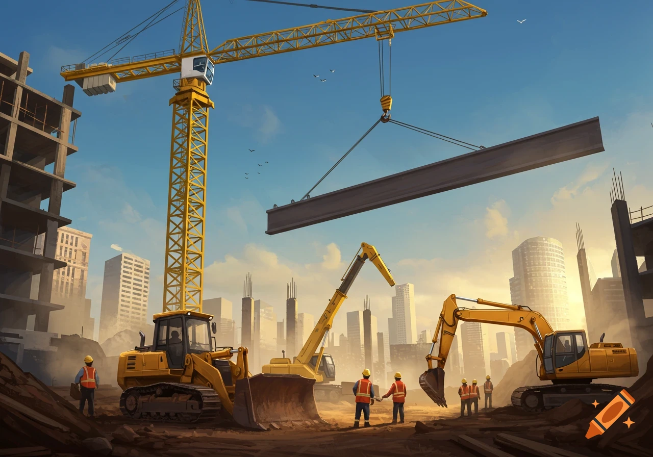A vibrant illustration of a construction site at sunset, featuring large yellow cranes, excavators, and bulldozers with workers.