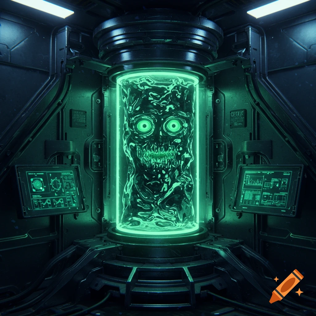 A glowing green, monstrous liquid creature with large eyes inside a containment cylinder in a dark, futuristic laboratory.