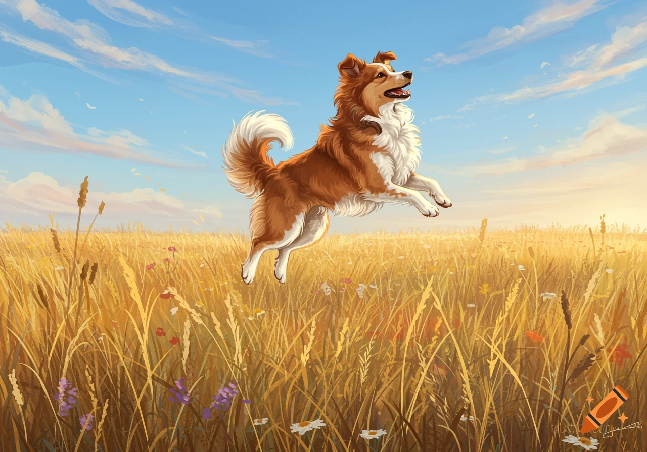 A brown and white dog joyfully jumps through a golden wheat field under a blue sky, in a vibrant painterly style.
