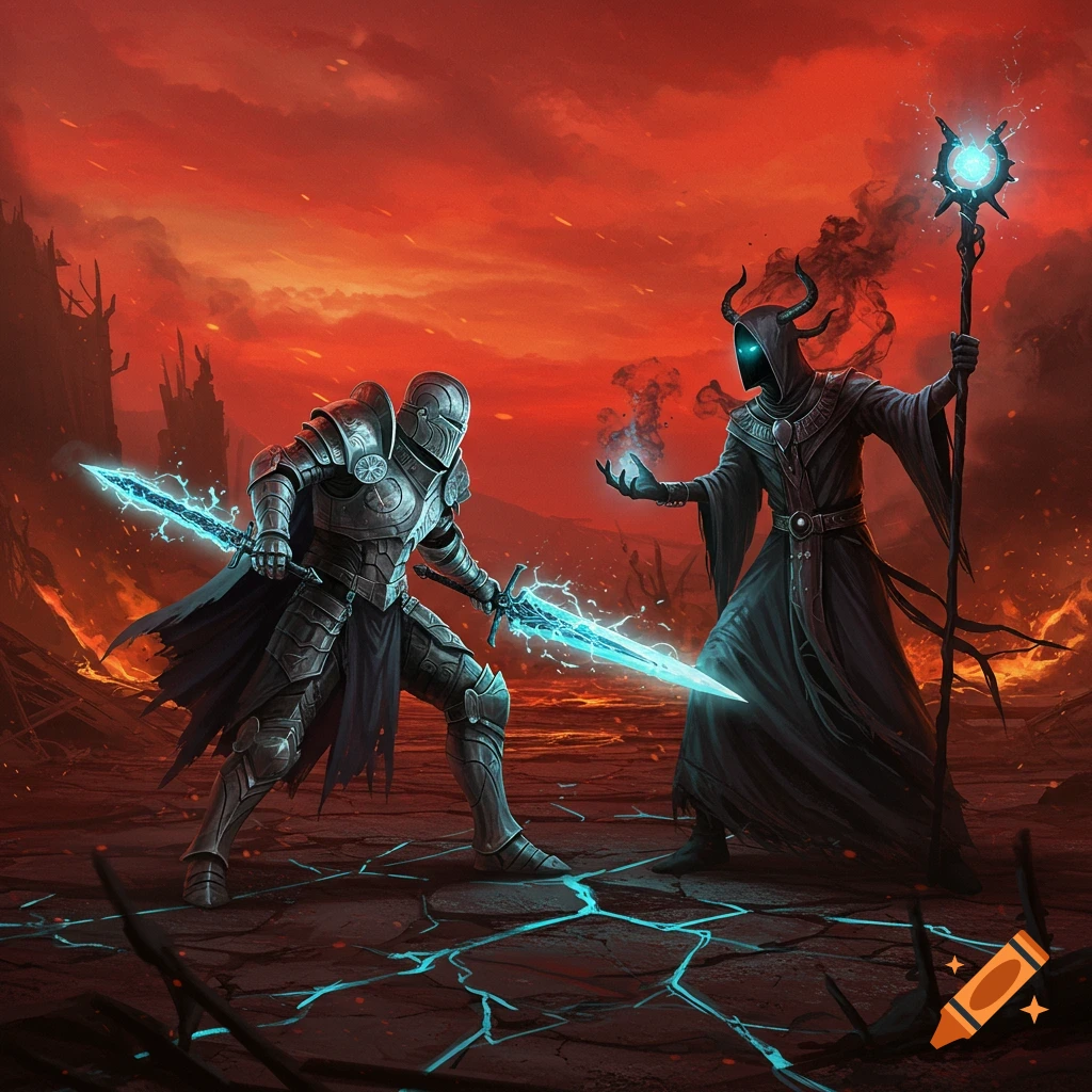 A knight with two glowing blue swords faces a horned sorcerer with a staff and glowing orb in a fiery landscape.