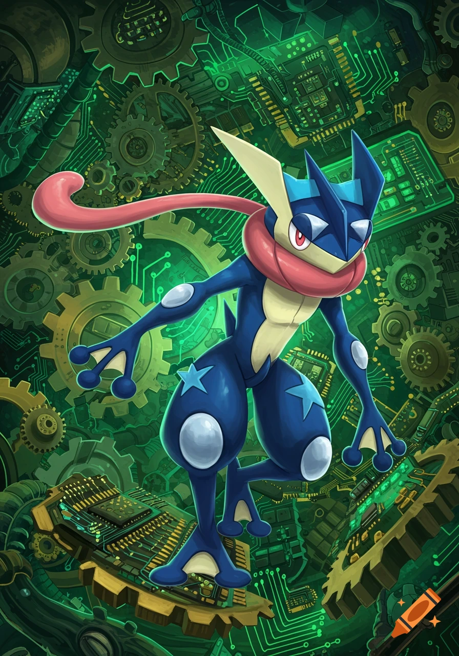 Greninja, a blue ninja frog Pokémon, leaps amidst an intricate background of green circuit boards and gold gears in a digital art style.