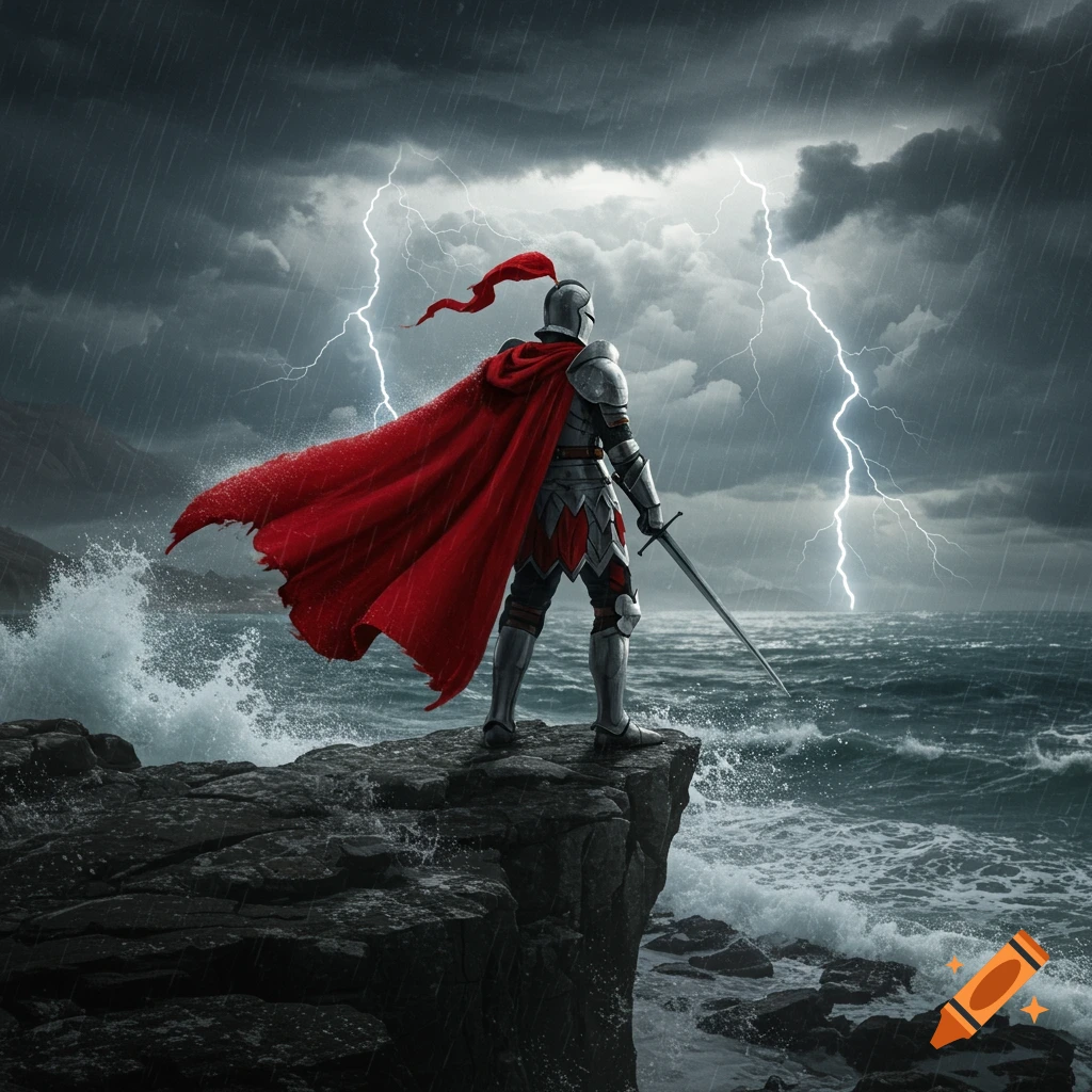 A knight in full armor and a flowing red cape stands on a rocky cliff overlooking a stormy sea with lightning striking in the dark sky.
