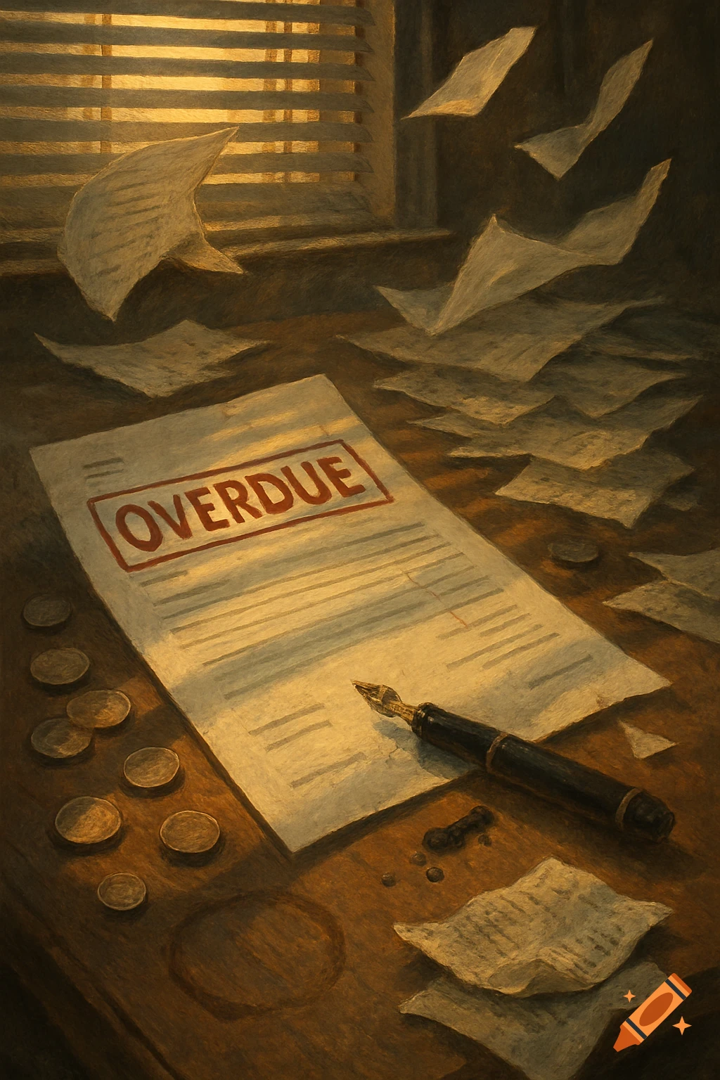 An "OVERDUE" bill, papers, coins, and a pen on a desk under light from blinds, in a painterly style.