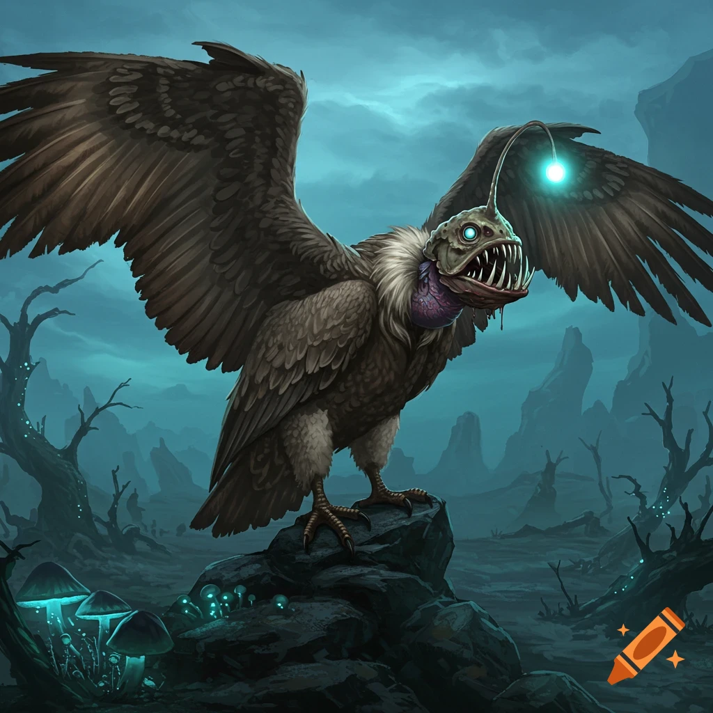A dark fantasy digital painting of a creature with a vulture body and an angler fish head with a glowing lure, standing in a swamp.