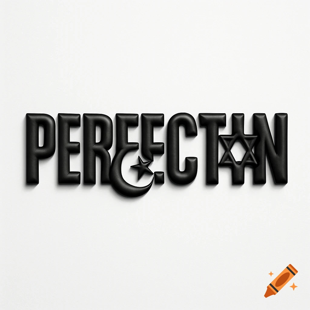 3D black text on a white background spells "PERFECTION" with a crescent moon and star replacing the 'T', a cross replacing the 'I', and a Star of David replacing the 'O'.