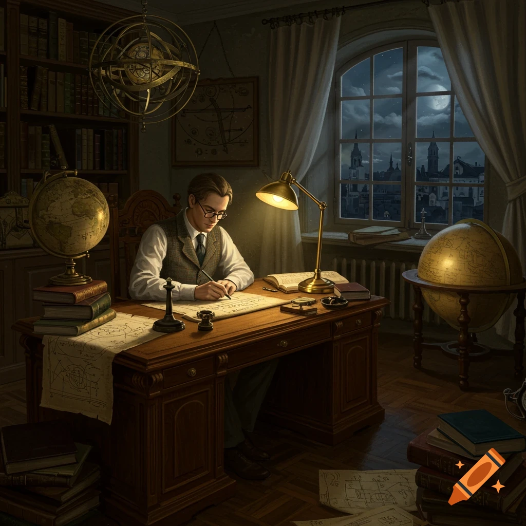 A man in glasses and a waistcoat sits at a wooden desk, writing by lamplight in an old study filled with books and globes. A city skyline is visible through the window at night.