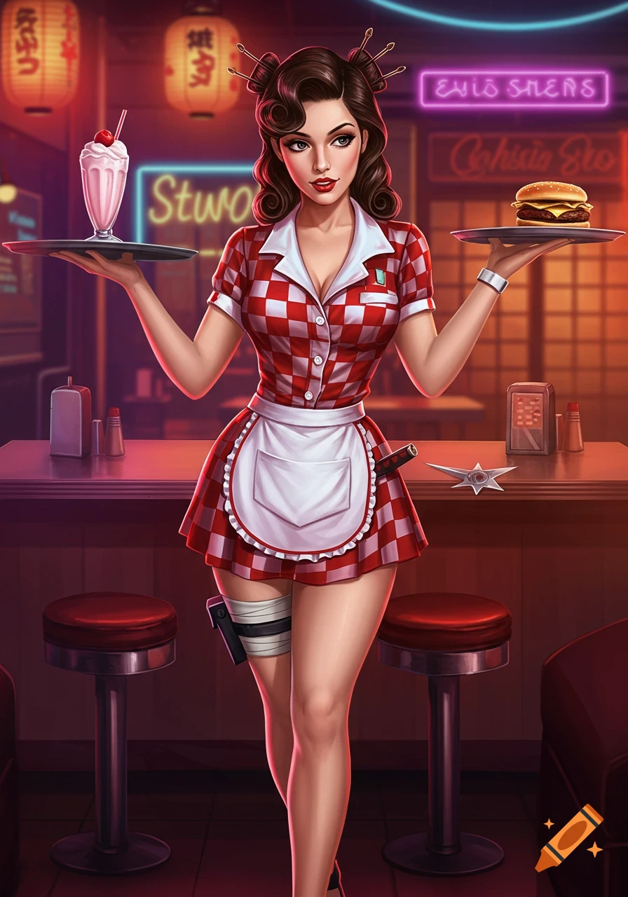 A stylized illustration of a woman dressed as a diner waitress with kunoichi elements, holding a milkshake and burger in a neon-lit diner.