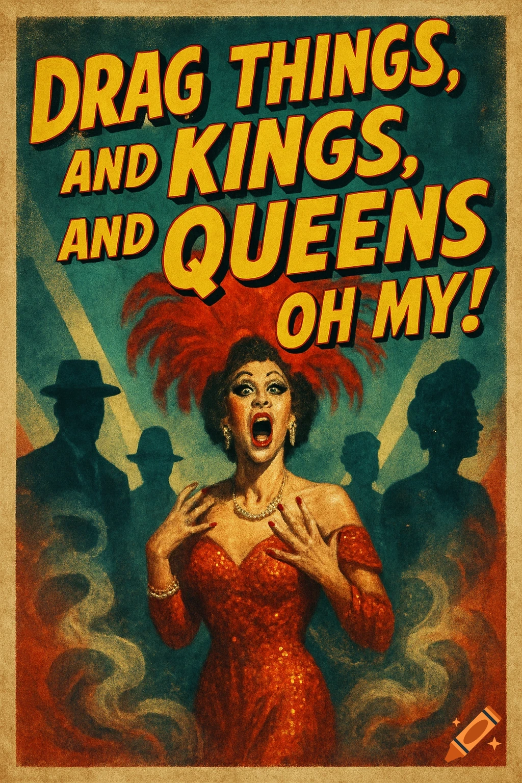 A vintage-style poster features a drag queen in a red sparkly dress screaming, surrounded by shadowy figures, with bold text.