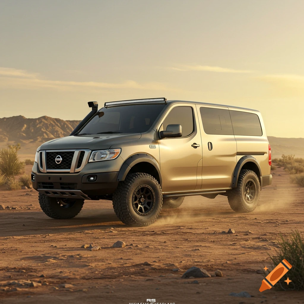 Photorealistic image of a gold Nissan NV200 van with a lift kit and off-road tires driving through a dusty desert.