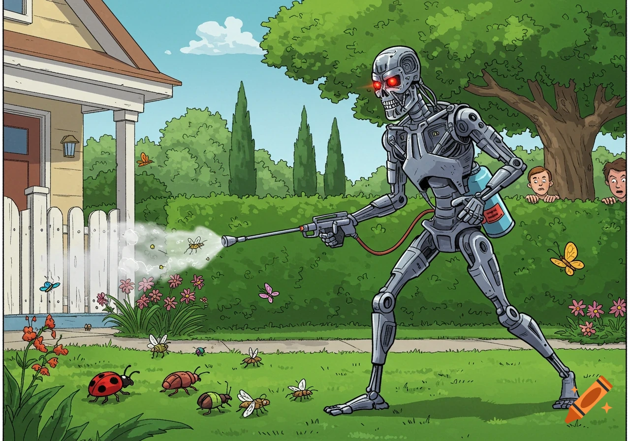 A cartoon Terminator robot sprays bugs in a garden, as two kids peek from behind a bush.