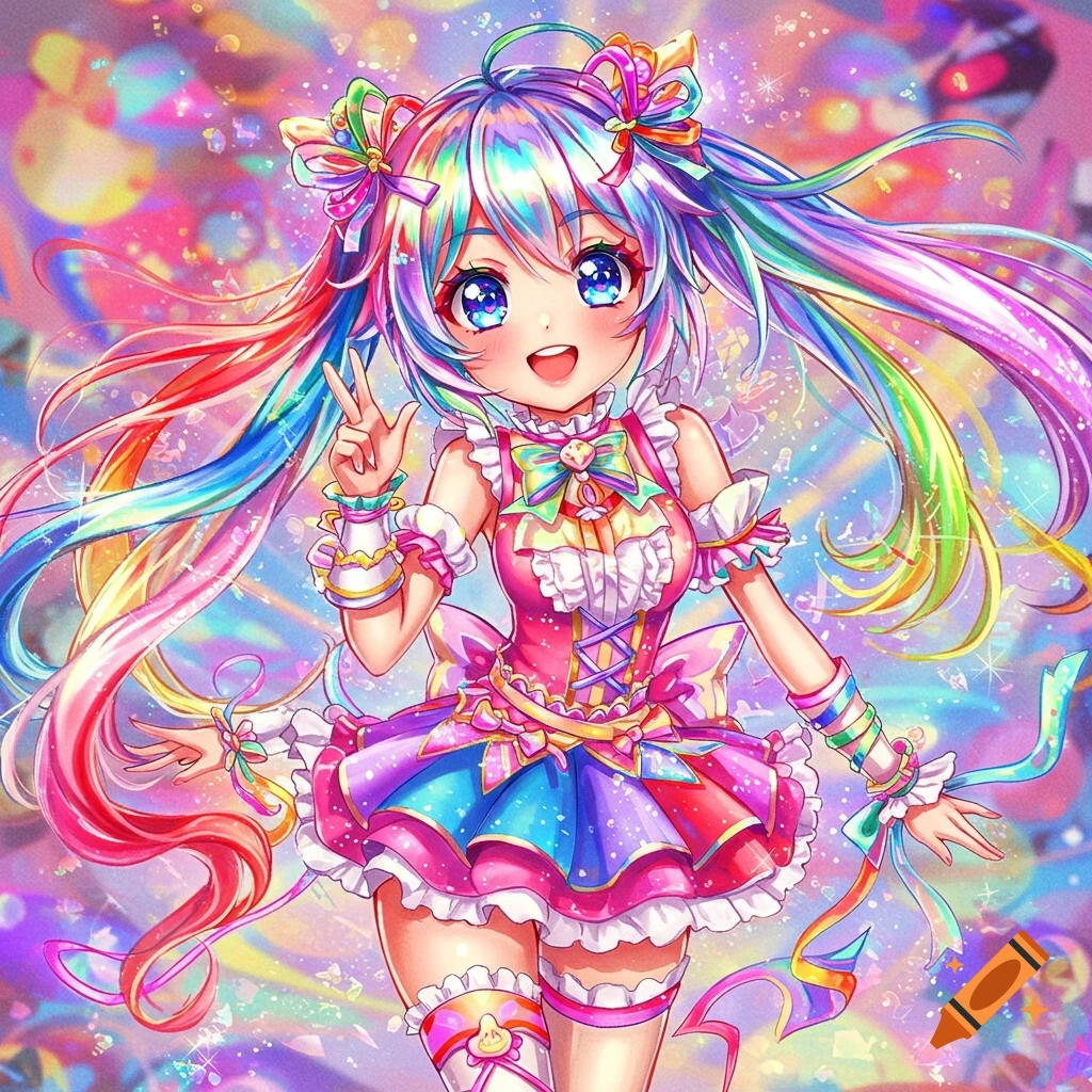 A vibrant anime girl with rainbow hair and a colorful frilly outfit makes a peace sign, smiling against a sparkling background.