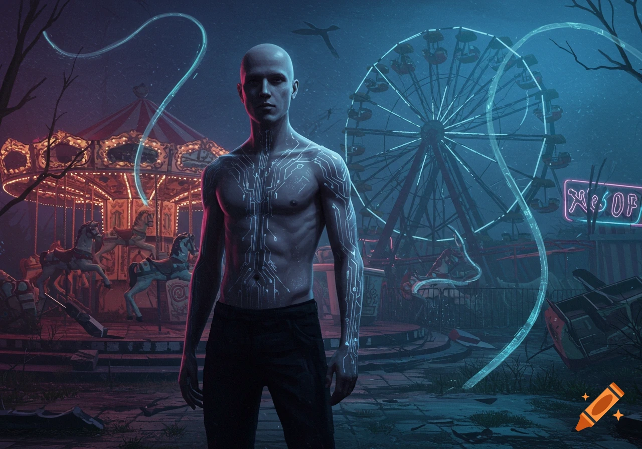 A shirtless, bald man with glowing circuit tattoos stands in a dark, abandoned amusement park with a neon-lit Ferris wheel and carousel.