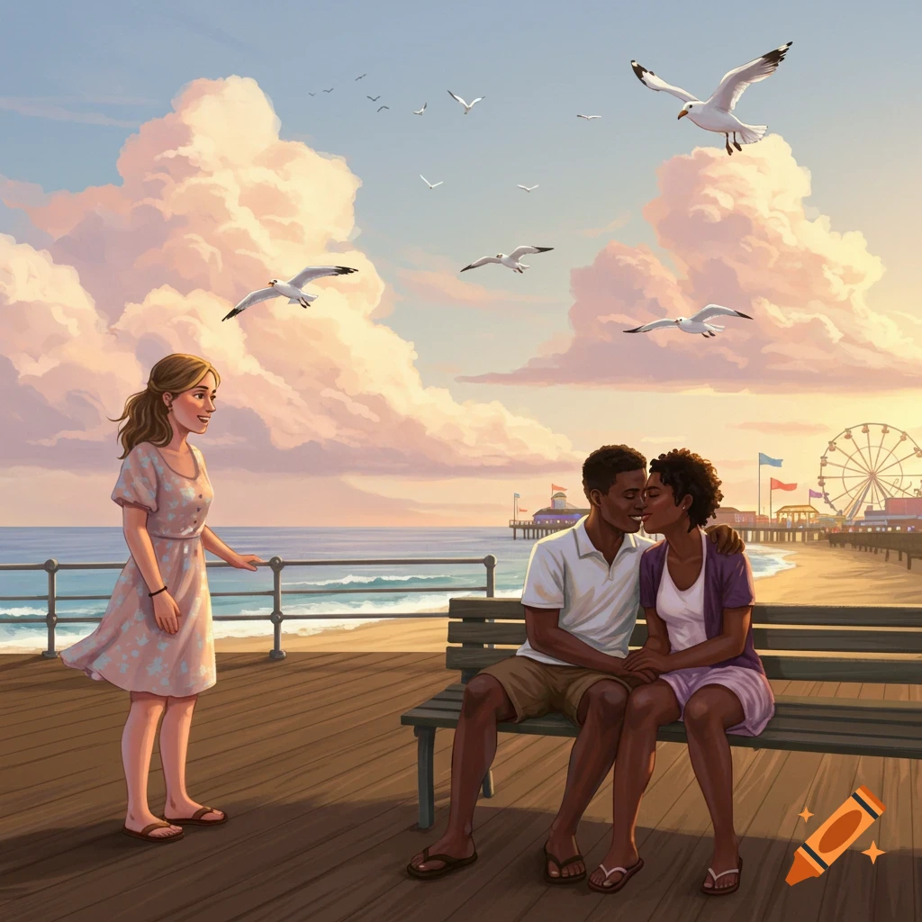 An illustration of a young white woman standing on a pier at sunset, looking towards a young black couple embracing on a bench, with a Ferris wheel in the background.
