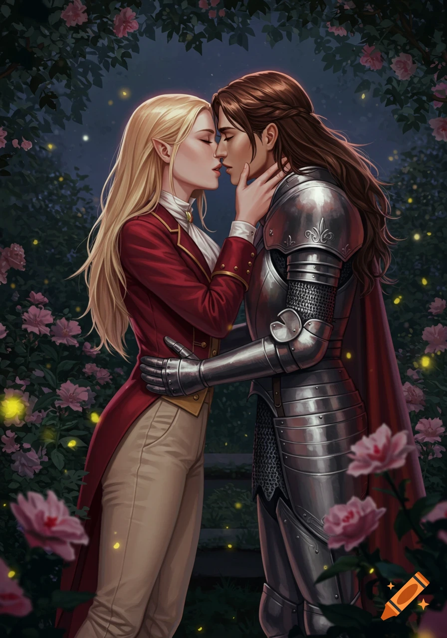 A digital painting of a blonde woman in a red tailcoat kissing a woman in knight armor in a moonlit rose garden.