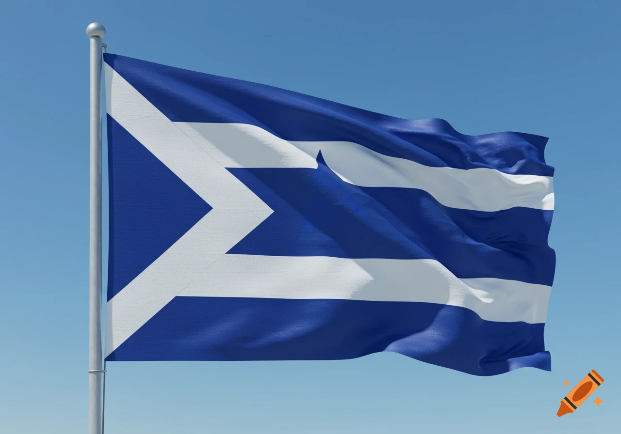 A blue flag with a white chevron design on the left and horizontal white and blue stripes on the right, waving against a clear blue sky.
