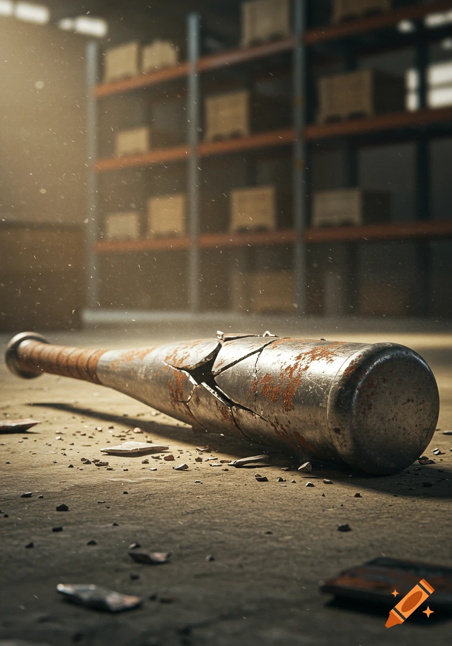 A close-up of a broken and rusty metal baseball bat lying on a dusty concrete floor in a warehouse.
