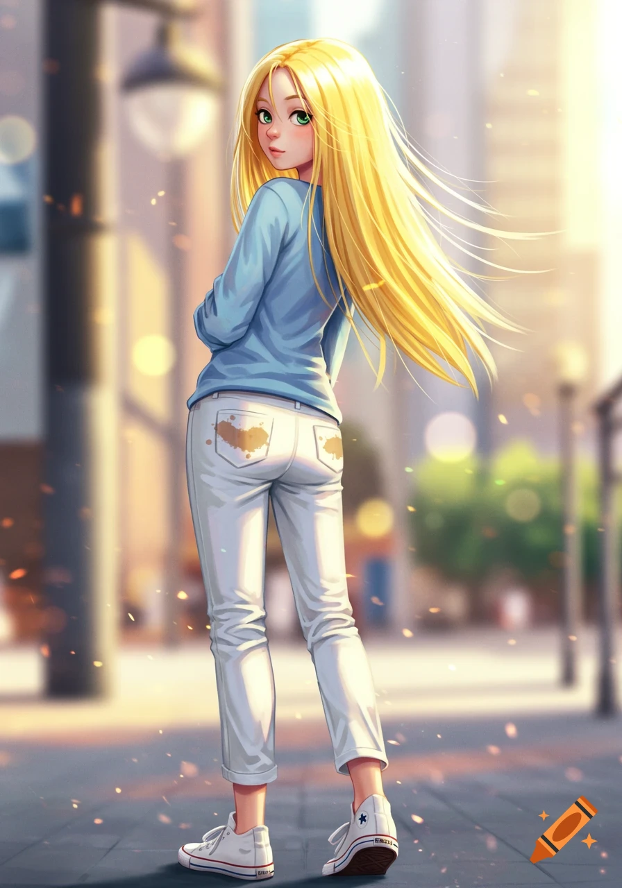 An anime girl with long yellow hair and a blue shirt looks back while walking in white pants with a brown heart-shaped stain on the back.
