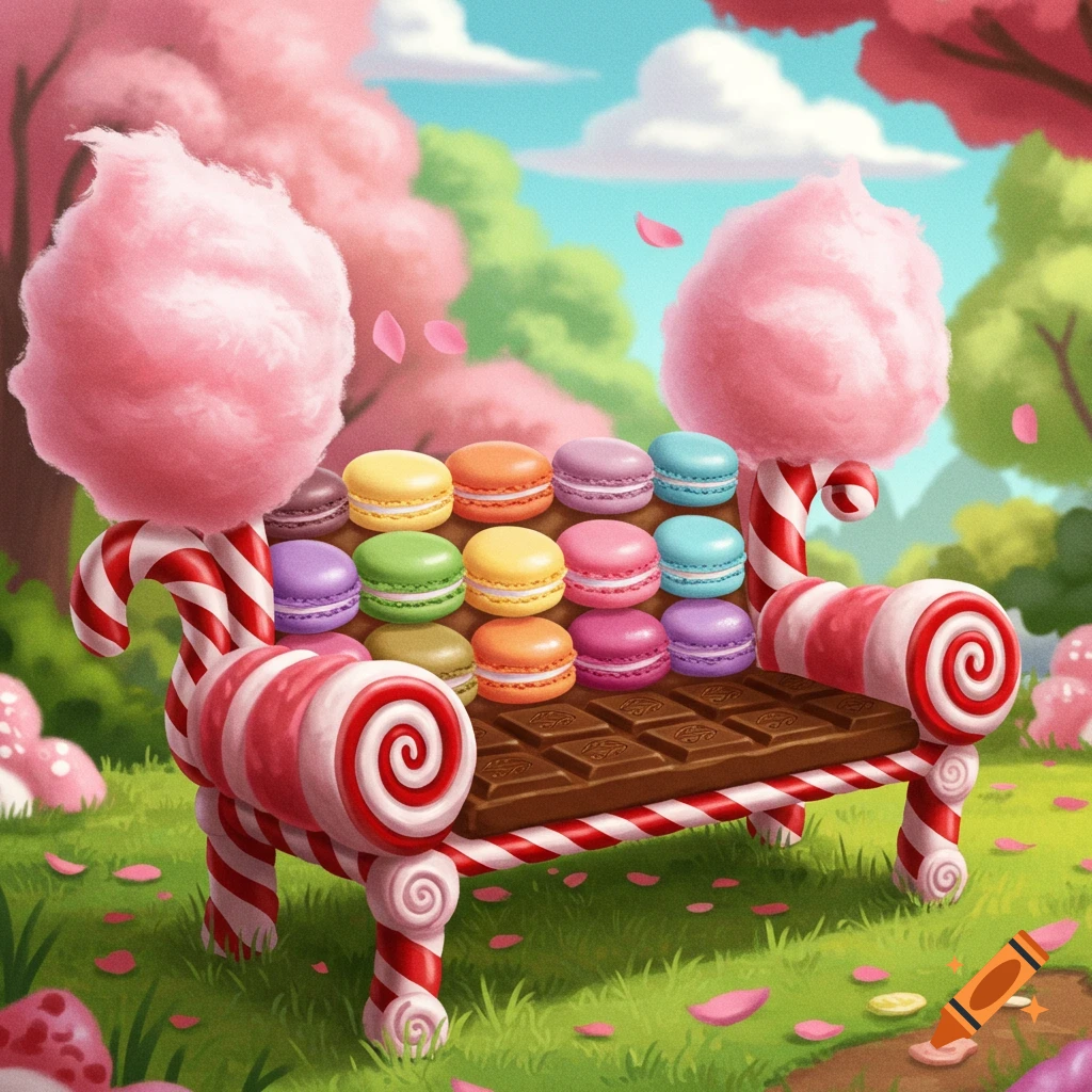 A whimsical candy bench made of candy canes and chocolate, adorned with macarons and cotton candy, in a pastel landscape.