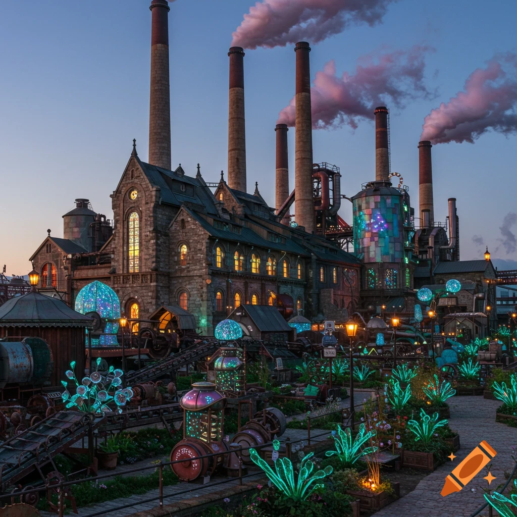 Whimsical steampunk factory at dusk with tall smokestacks, ornate stone buildings, and glowing blue and green plants.