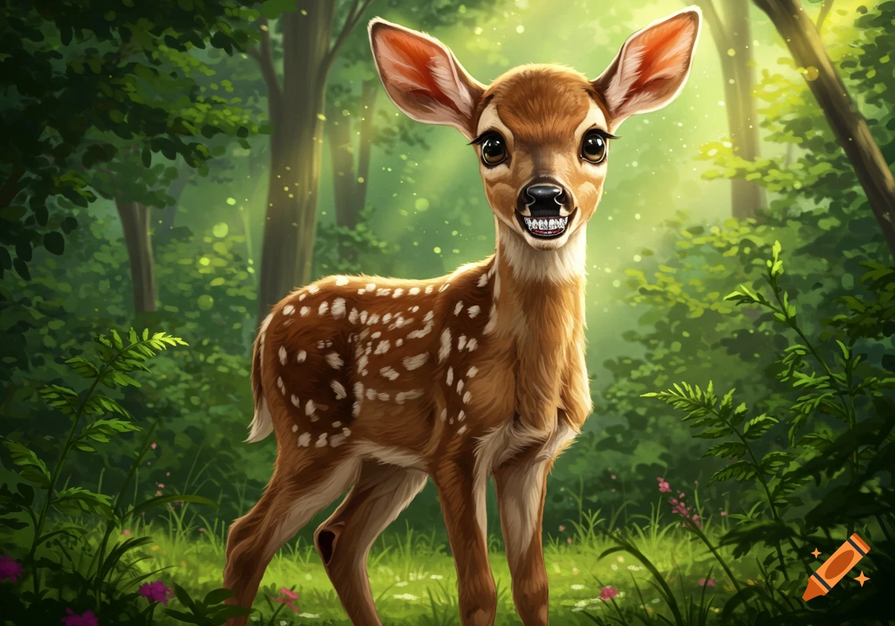 A cute baby deer with diamond grills on its teeth stands in a sunlit forest.