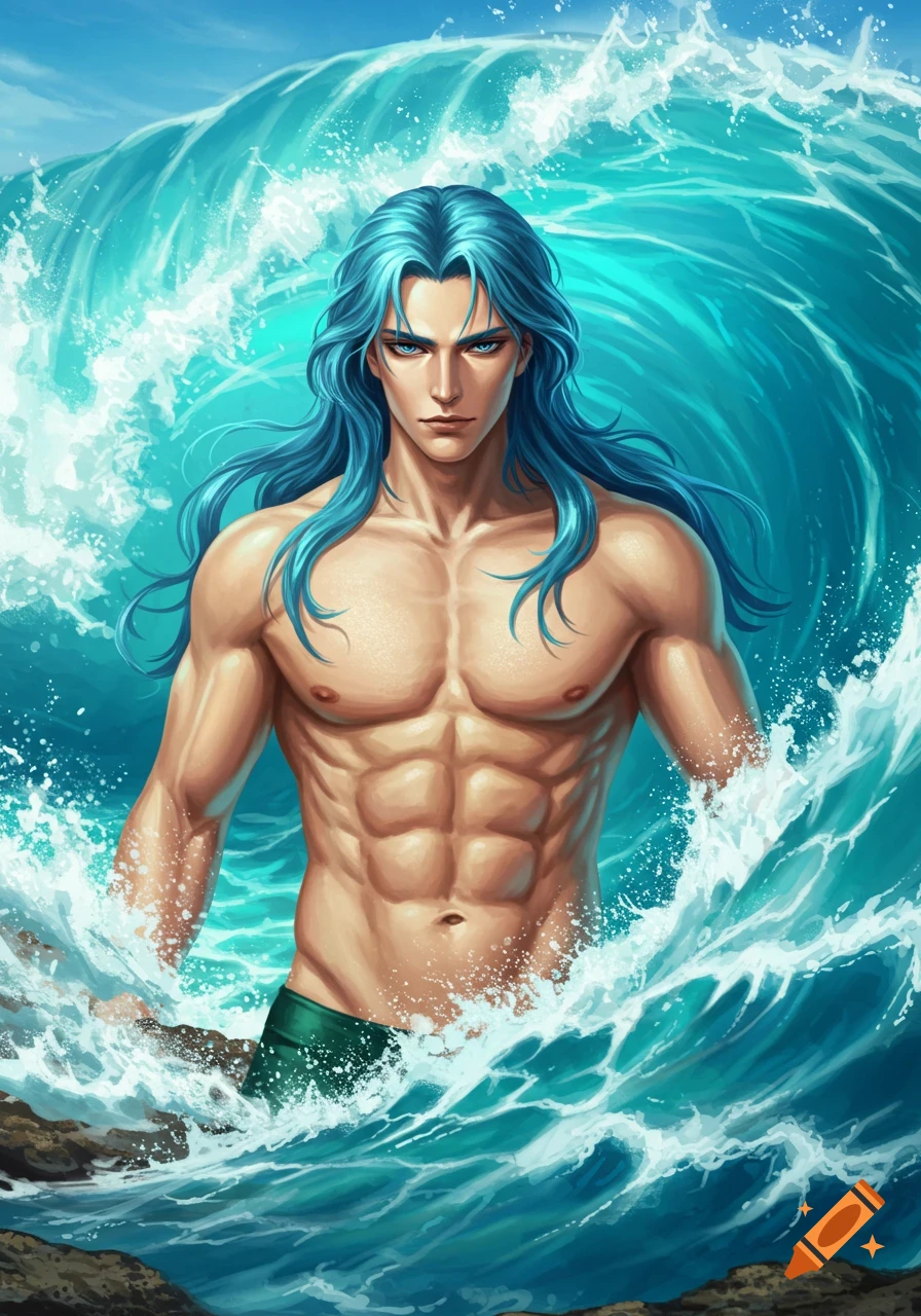 A handsome, muscular man with long blue hair stands in crashing ocean waves in an anime art style.