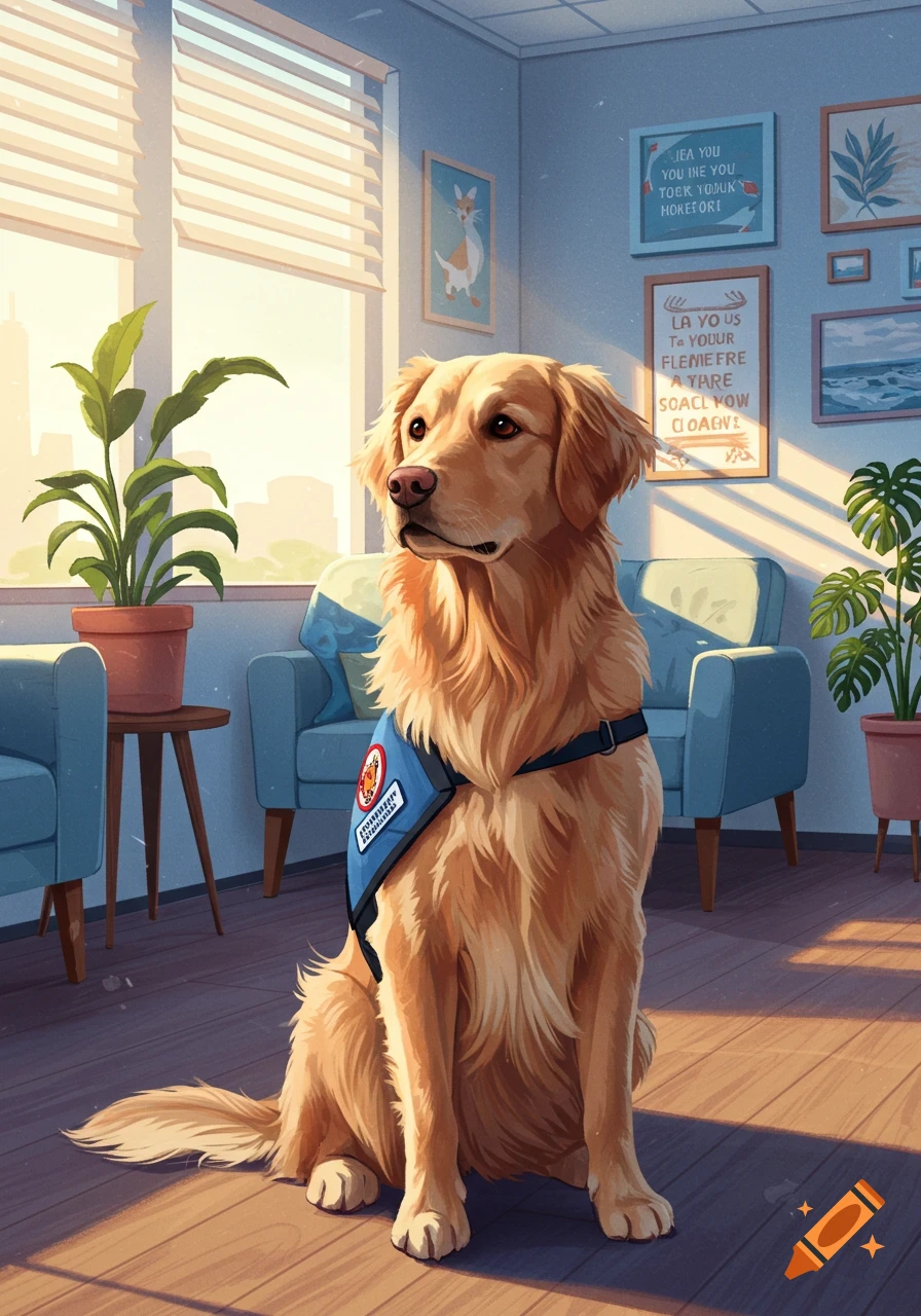 A golden retriever wearing a blue service vest sits in a bright, sunlit room with light blue armchairs, plants, and framed art on the wall.