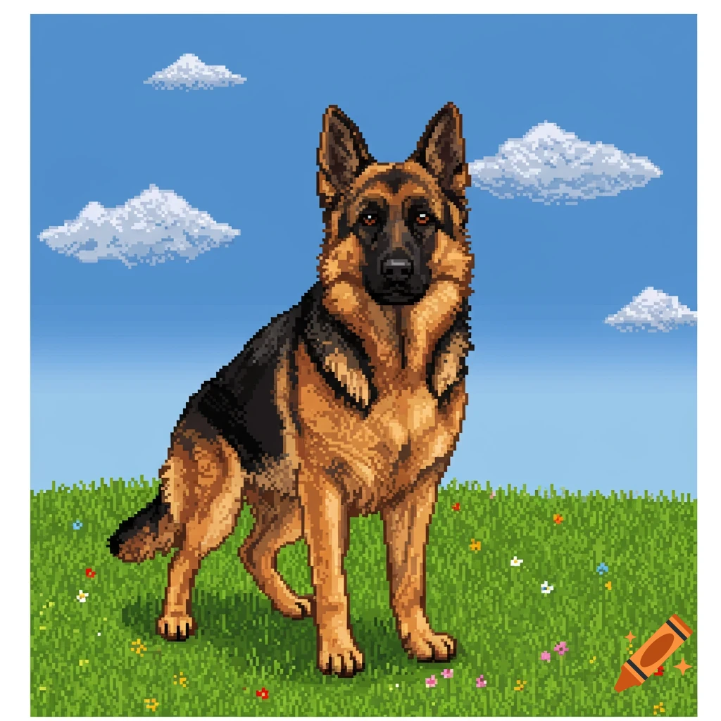 A pixel art German Shepherd dog stands in a green field under a blue sky with clouds.