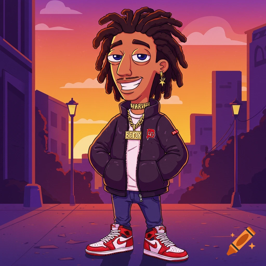 A stylized cartoon male character with dreadlocks, a wide smile, wearing a dark jacket, white shirt, jeans, and red and white sneakers, standing in an urban setting at sunset.