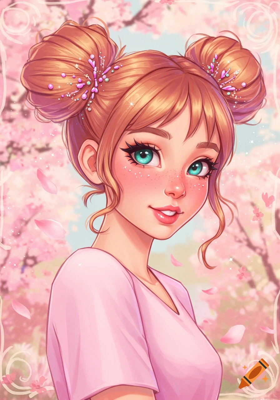 Illustrated portrait of a girl with pink two-bun hair and green eyes, smiling amidst pink cherry blossoms and falling petals.