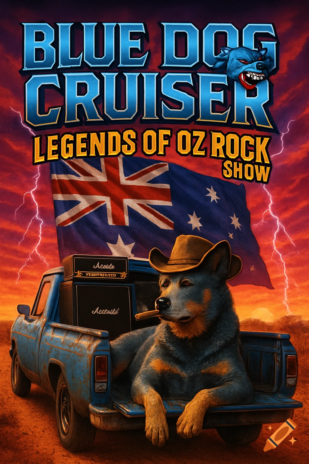A stylized poster with a blue dog wearing a cowboy hat and smoking a cigar, reclining in the back of a blue pickup truck. Amp stacks are behind the dog. An Australian flag billows behind the truck, set against a red, orange, and purple sunset sky with lightning bolts. "BLUE DOG CRUISER LEGENDS OF OZ ROCK SHOW" is prominently displayed at the top.