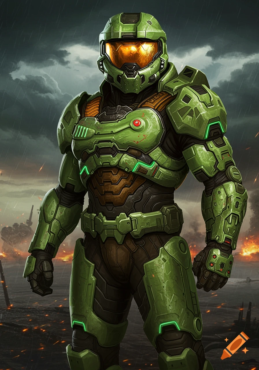 A heavily armored, green-suited futuristic soldier stands against a stormy, war-torn background.