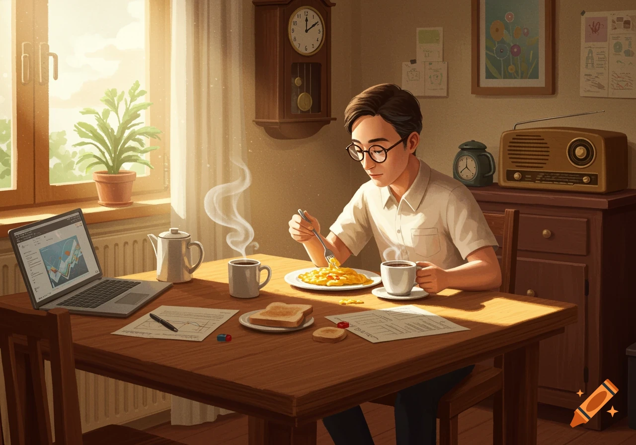 A man in glasses eats breakfast at a sunlit wooden table with a laptop, teapot, and papers.