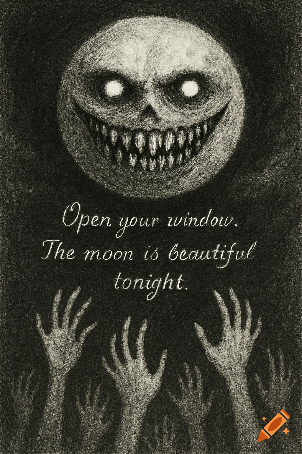 A black-and-white pencil drawing of a monstrous, grinning moon with glowing eyes above many hands reaching up. Text reads: "Open your window. The moon is beautiful tonight."