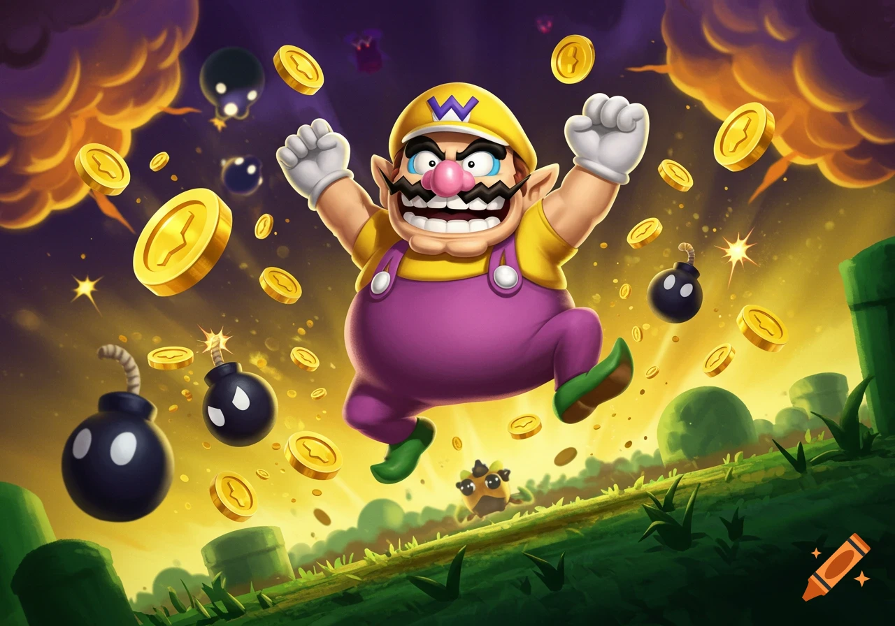 Cartoon Wario joyfully jumps amidst falling gold coins and bombs over a green landscape under a dramatic purple and orange sky.