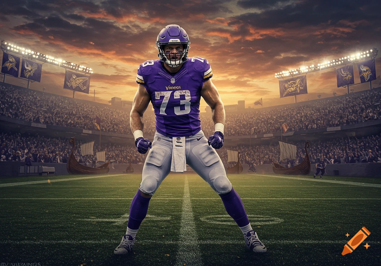 Photorealistic image of an American football player in a purple uniform with number 73, standing on a field in a stadium at sunset.