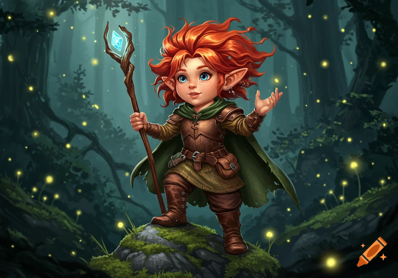 A stylized illustration of a red-haired female gnome in fantasy attire, holding a crystal staff in a magical forest with glowing plants.