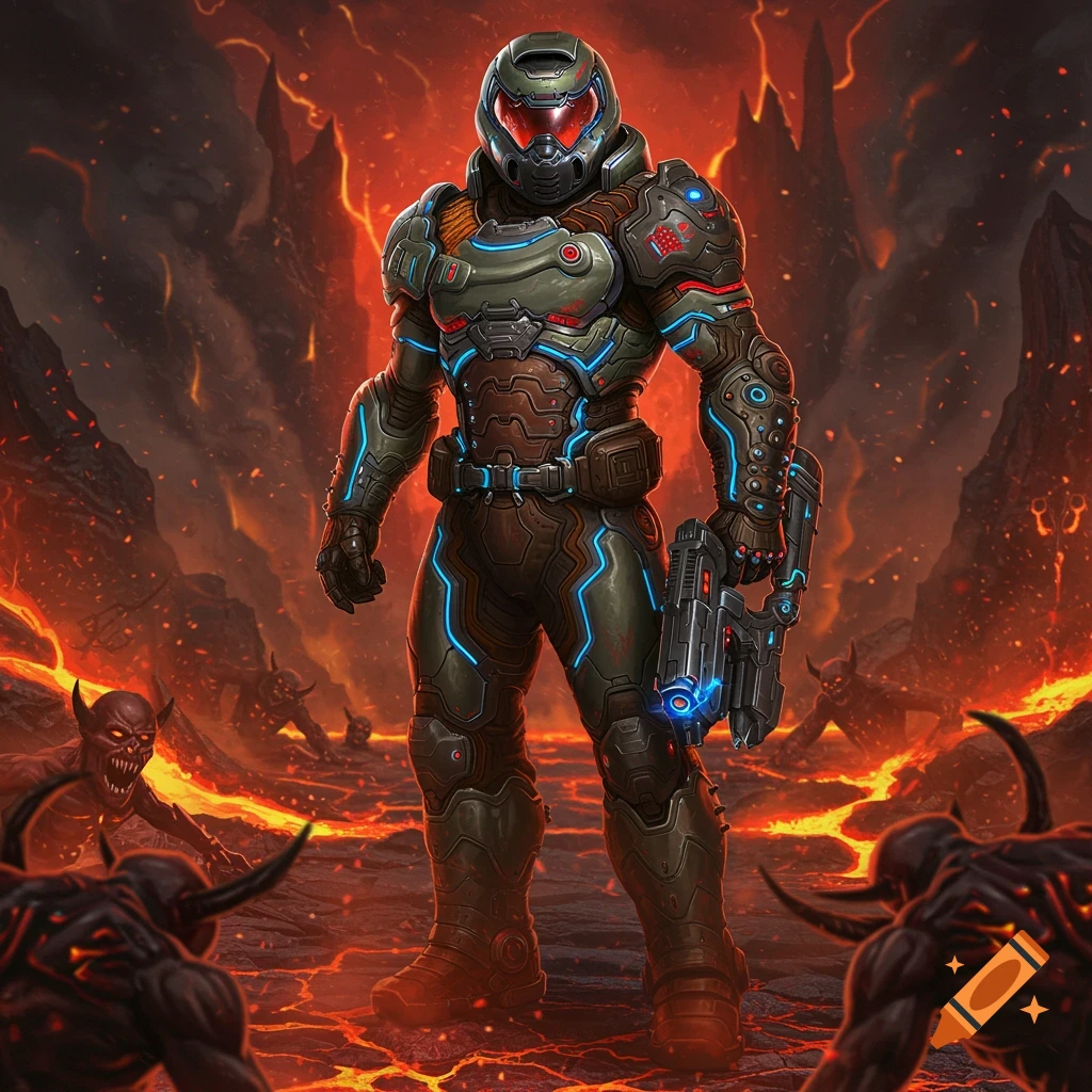 A heavily armored 'Doom Guy' stands defiantly in a fiery, lava-filled landscape surrounded by demonic creatures.