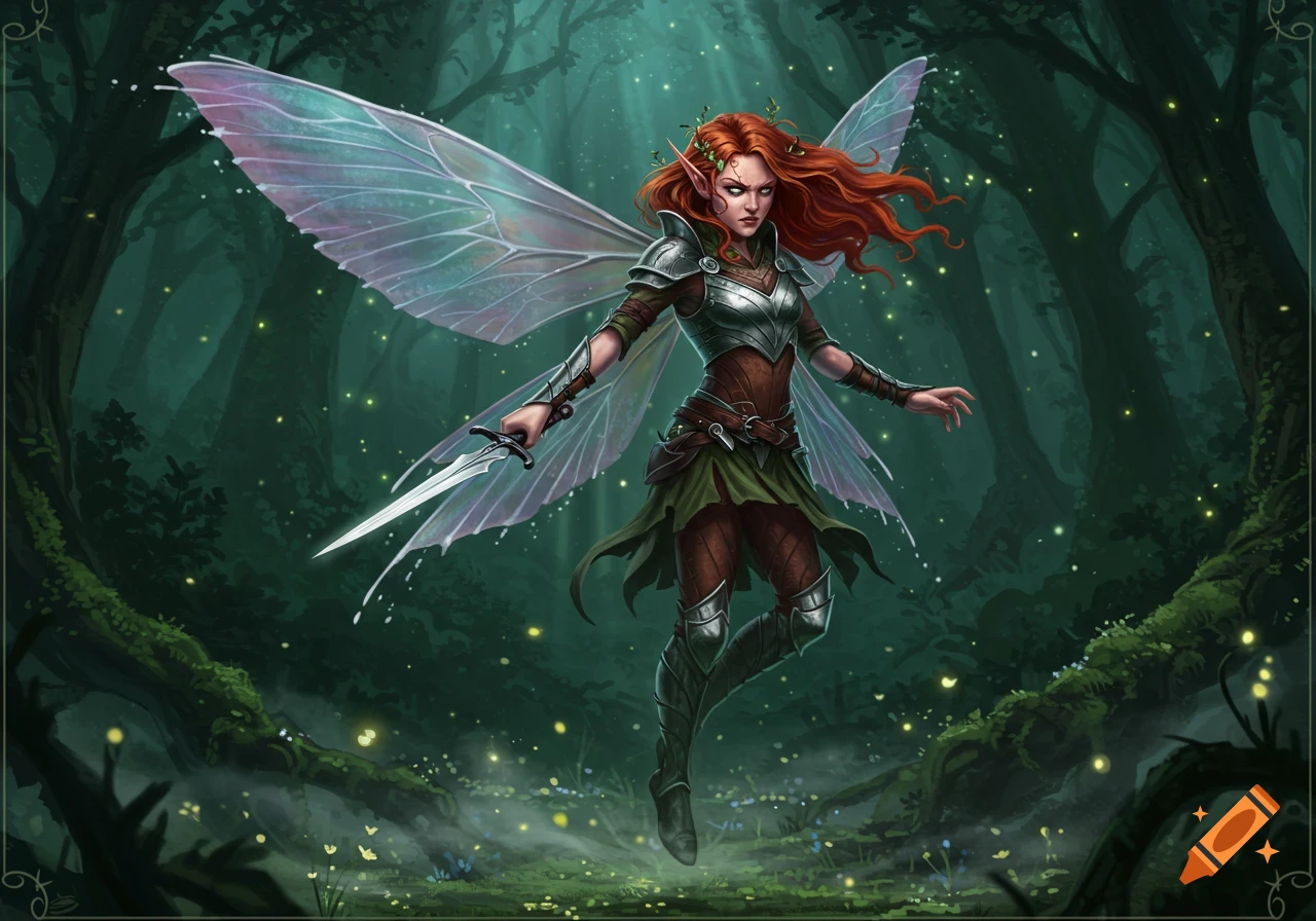 A red-haired fairy with glowing wings and armor holds a dagger in a magical forest.