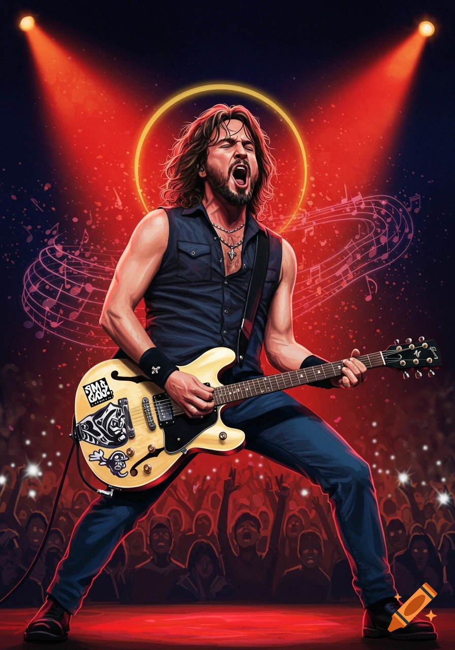 An illustration of a rock musician passionately singing and playing an electric guitar on stage under red spotlights, with a cheering crowd.
