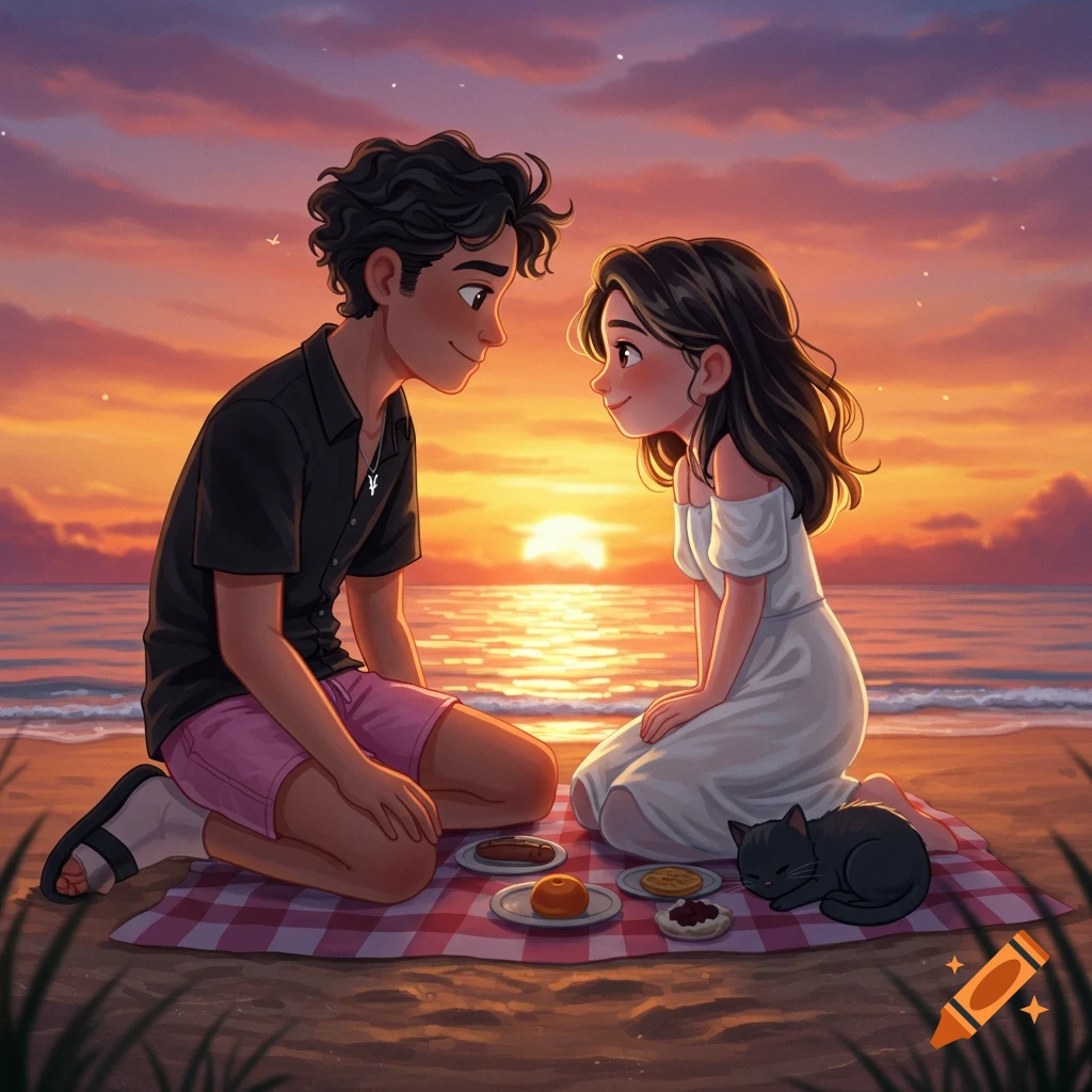 Cartoon couple on a beach picnic at sunset, with a sleeping black kitten. Pixar style illustration.