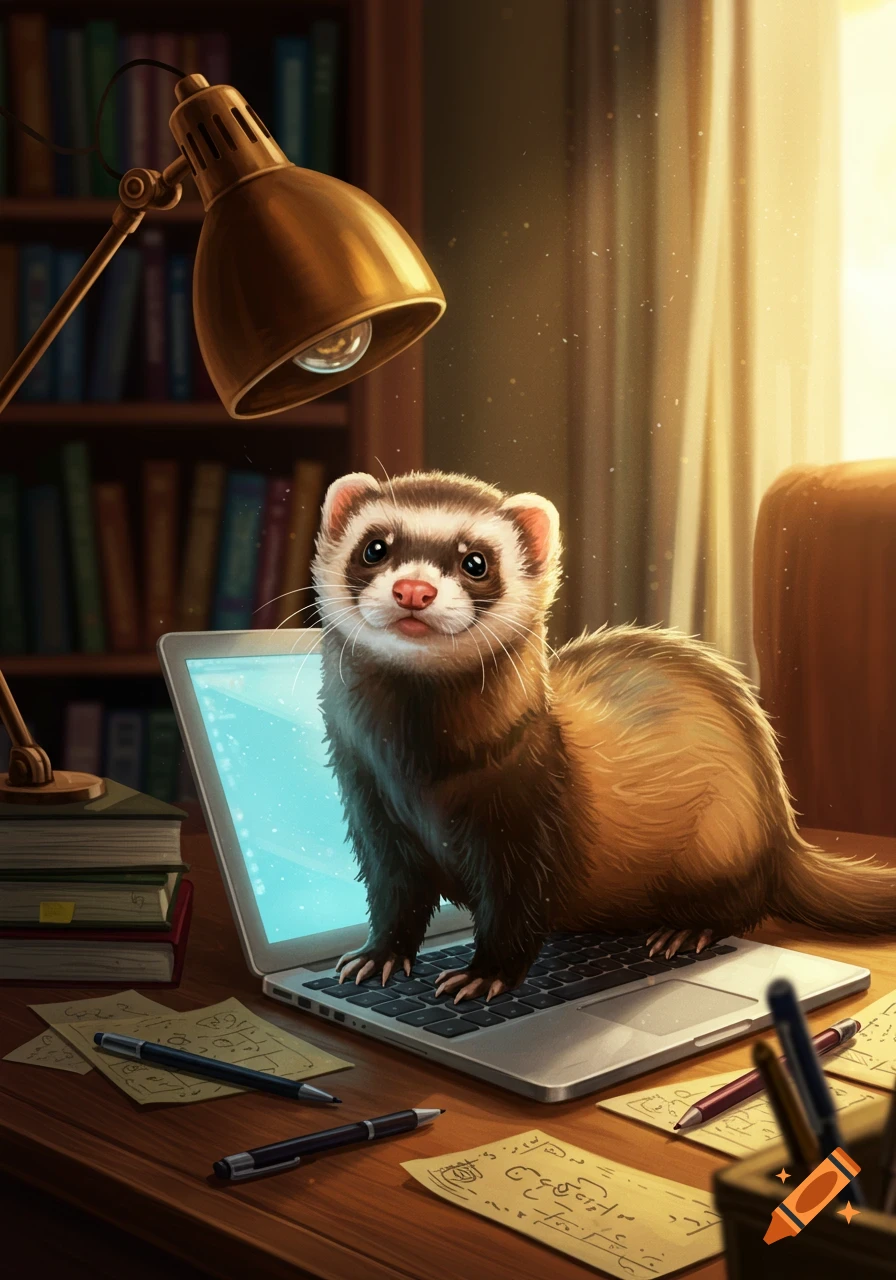 A cute brown and white ferret stands on a silver laptop on a wooden desk, surrounded by books and pens, illuminated by a warm desk lamp in a cozy study.