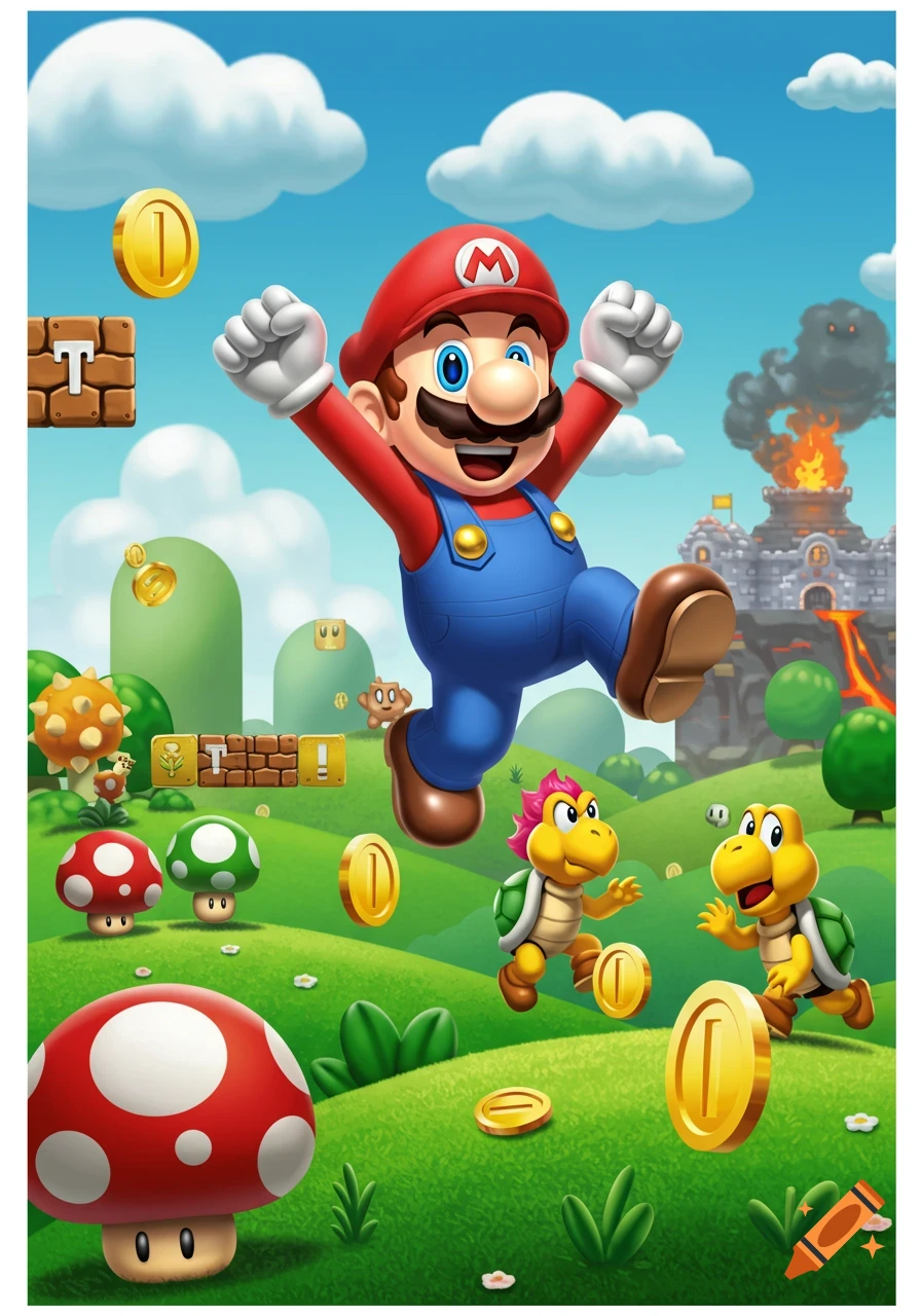 Mario leaps through a vibrant green landscape with mushrooms, turtles, and gold coins, under a blue sky with fluffy clouds. Bowser's castle burns in the background.