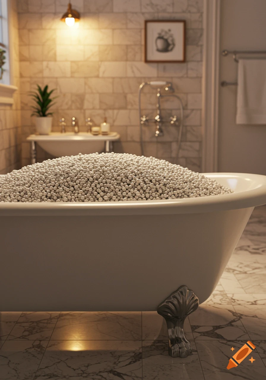A white clawfoot bathtub overflowing with countless small white plastic BBs in a warmly lit, tiled bathroom.