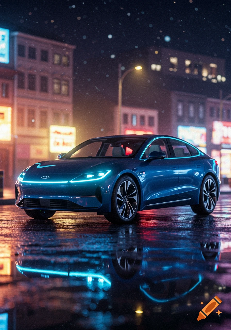 A blue electric car with glowing headlights parked on a wet city street at night, with reflections on the ground and illuminated buildings in the background.