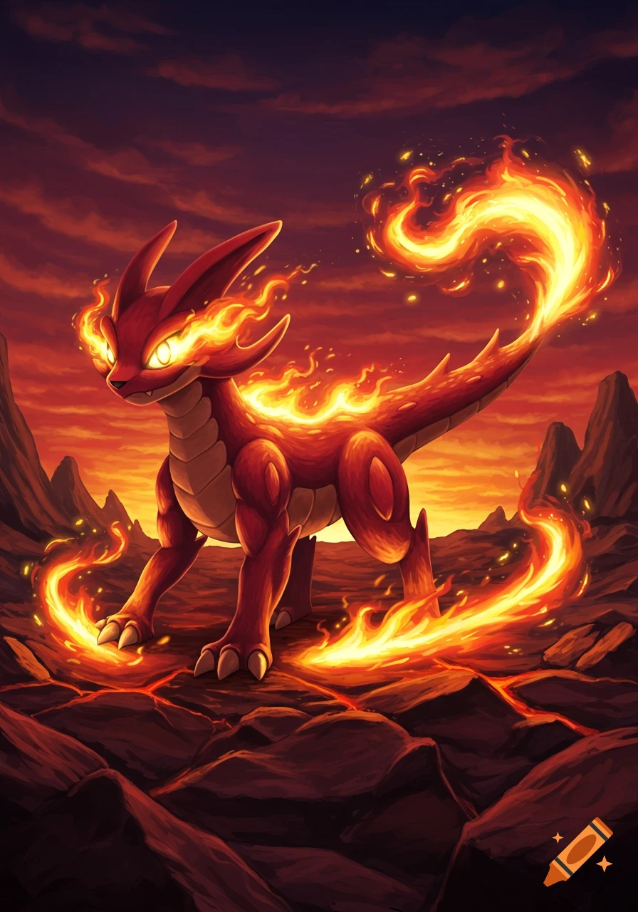 A red, fire-type creature with glowing eyes stands in a volcanic landscape under a fiery sky, surrounded by flames.