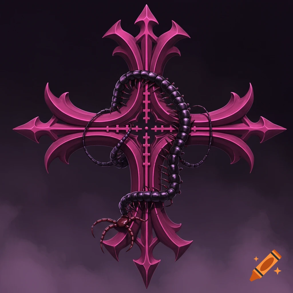 A hot pink gothic cross with a black centipede wrapped around it and a spider at the base on a dark background.
