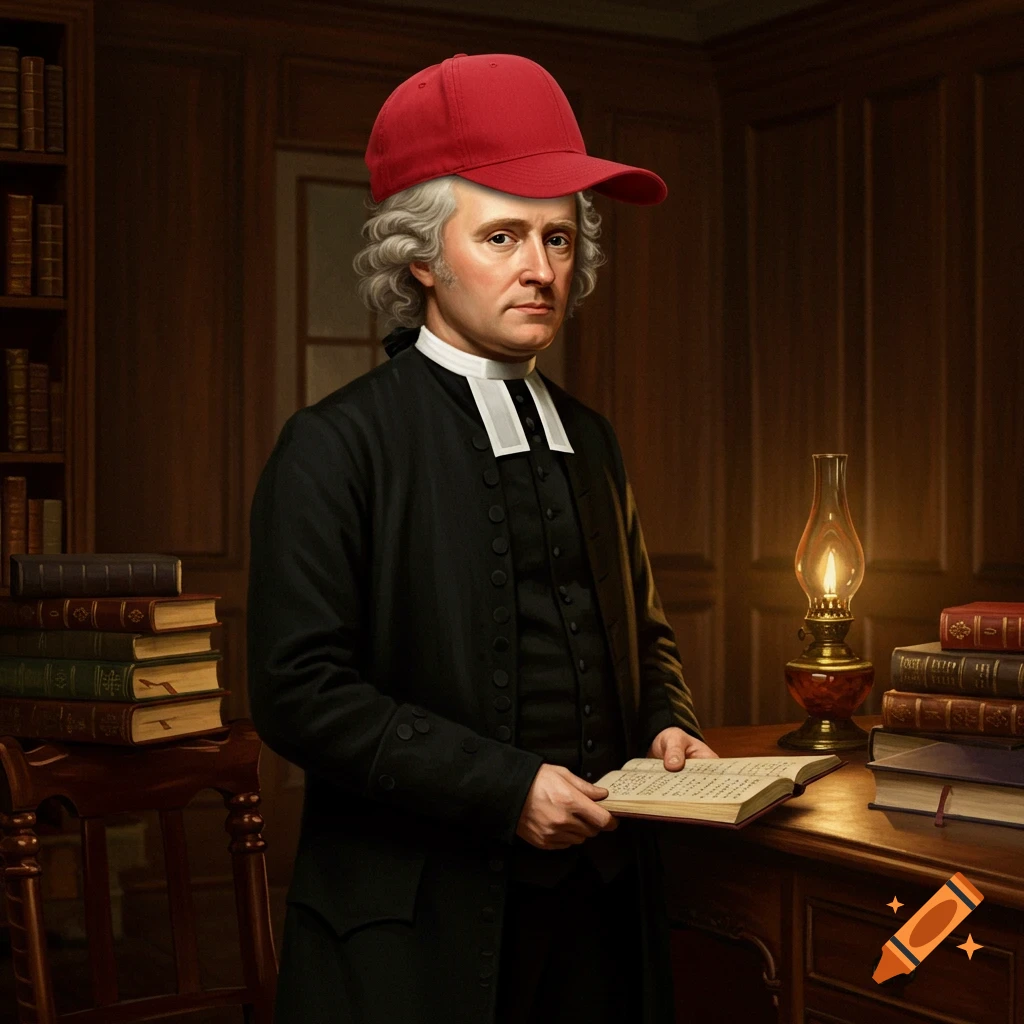 Portrait of a Puritan-era man wearing a red baseball cap, standing in a study with books and a lamp.